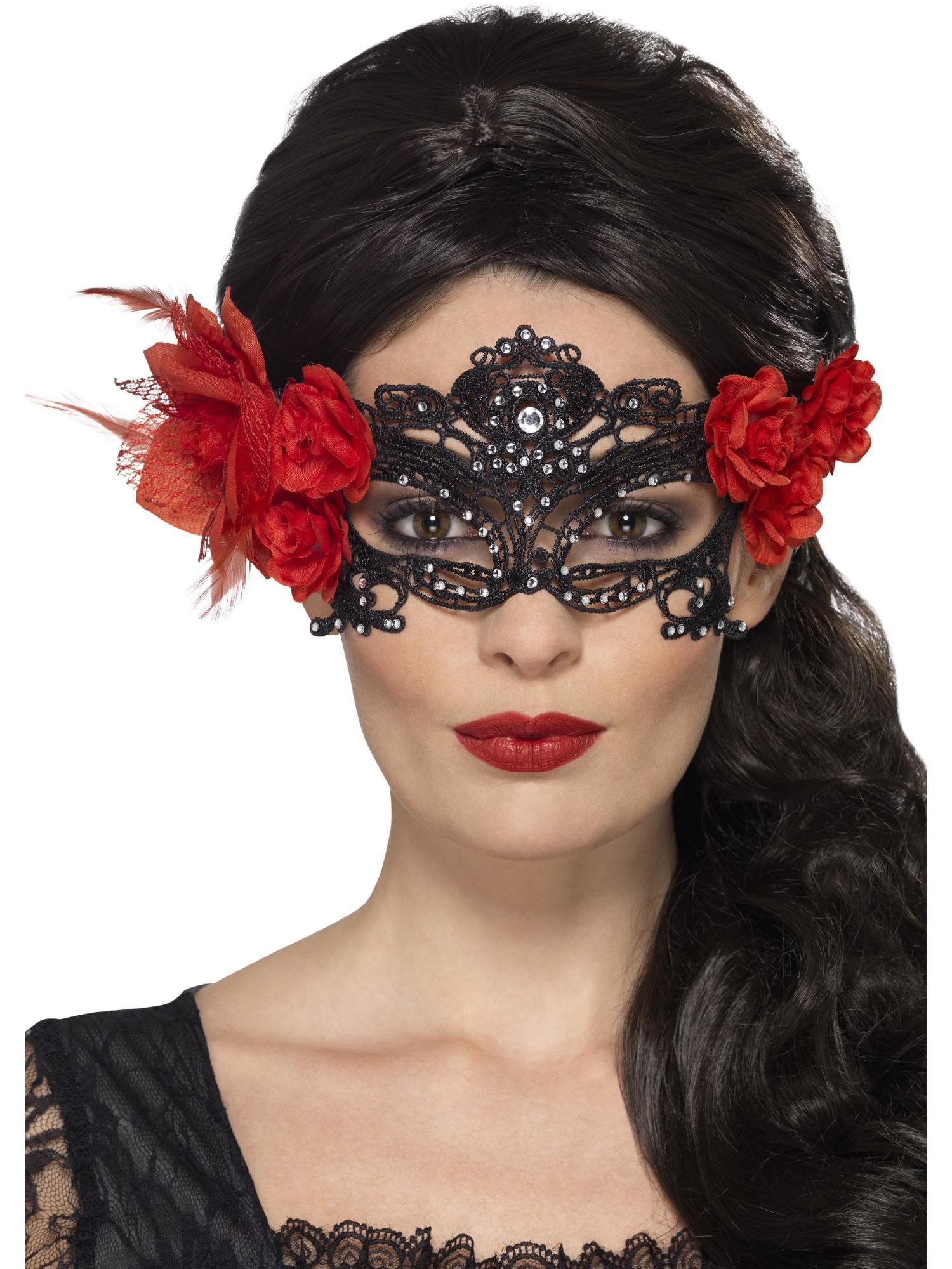 Smiffys Day of the Dead Lace Filigree Eyemask, Black with Roses & Feather, Eyemasks Fancy Dress, Adult Dress Up Eye masks Halloween