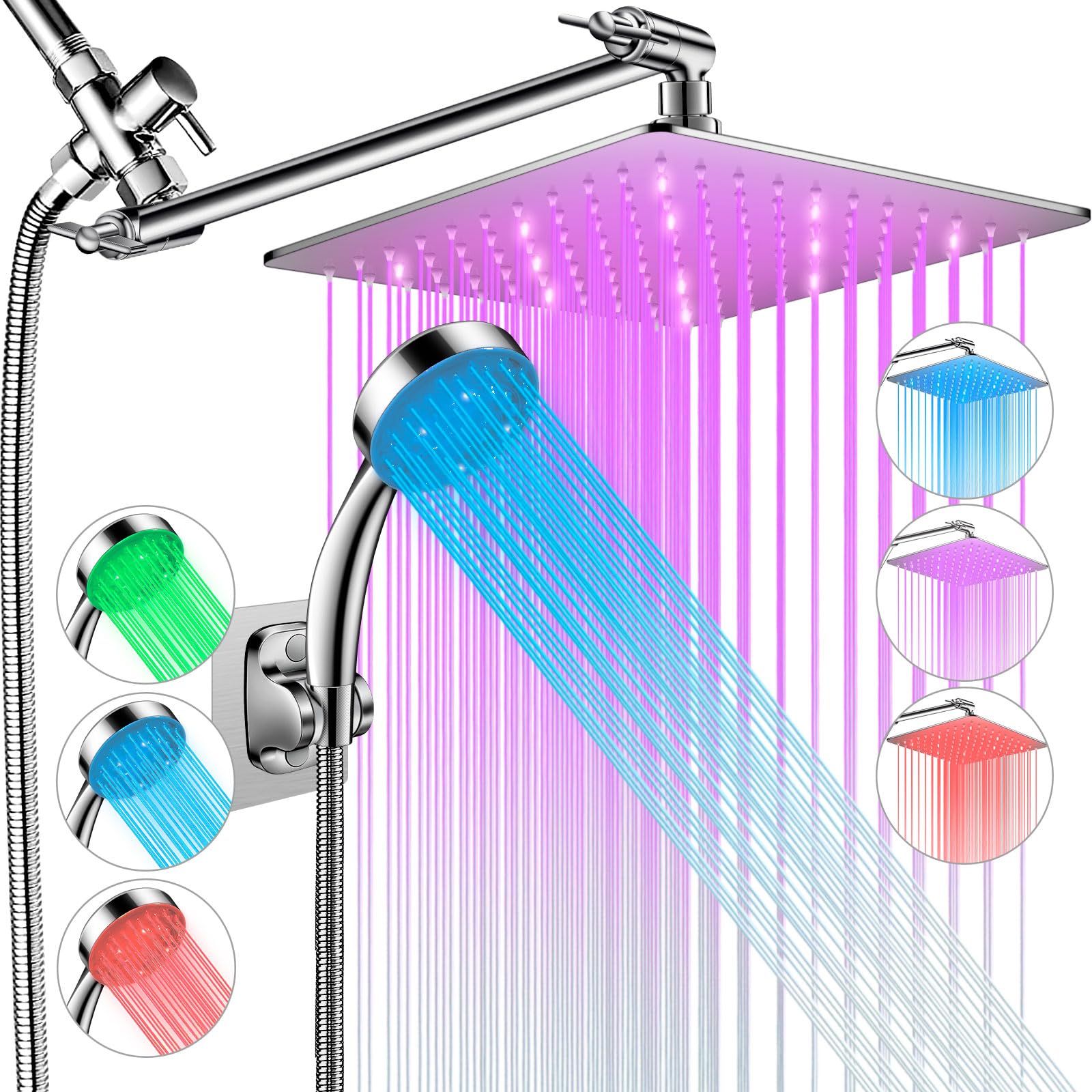 Photo 1 of **SELLING FOR PARTS**LED Shower Head with High Pressure 10'' Rain Shower Head, 11'' Adjustable Extension Arm, Color Changing Based On Water Temperature, Stainless Steel, 60'' Hose, Chrome