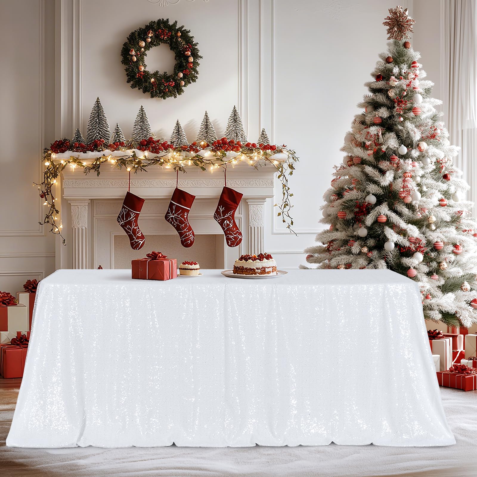 3E Home127x203cm(50x80 inches) White Sequin Tablecloth Rectangle Table Cover Wedding Party Banquet — image 1