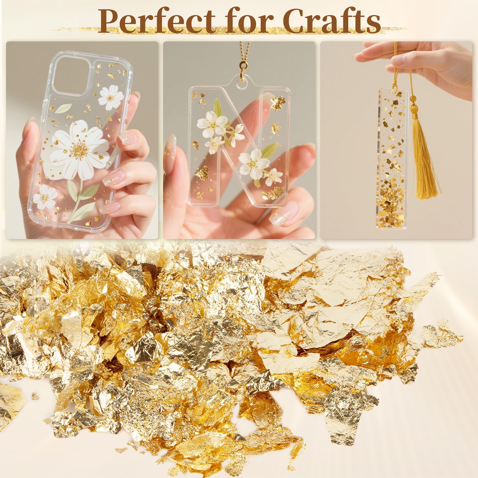 RAQEHO 9g Gold Flakes for Nails - Gold Foil Leaf Golden Nail Art Foil Flakes for Resin Crafts Painting Add Ins Nail Flakes Papel oro para uñas for Resin Craft Epoxy Making 3Gram Silver Golden Copper