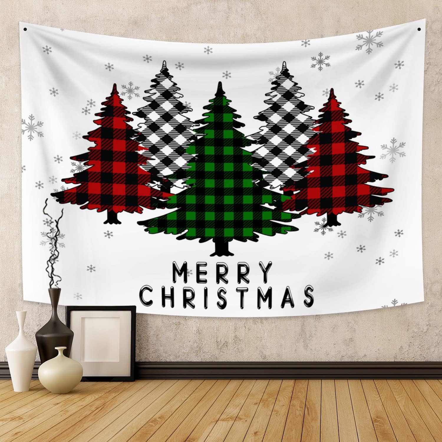Tapestries - LFEEY Merry Christmas Tree Tapestry Farmhouse Style Xmas Decor Buffalo Plaid Pine Trees in Snowflakes Tapestry for Winter Holiday Decor 60x40 Inch Living Room Bedroom Dorm Decor