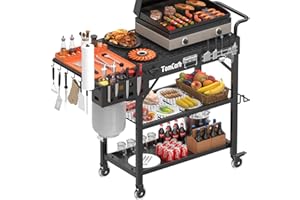 TomCare Grill Table with 3-Tier Storage Shelves Lockable Wheels Grill Cart with Silicone Grill Mat Heavy Duty Outdoor Tabletop Griddle Stand Holds 500Lbs Fits 22” Blackstone Ninja Cuisinart BBQ Grill