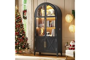 Topcomfy 75”H Arched Storage Cabinet with Glass Doors, Modern Display Cabinet with 3 Color Light, Glass Display Case with Human Body Sensor, 5 Tier Kitchen Pantry Cupboard for Living Room, Black