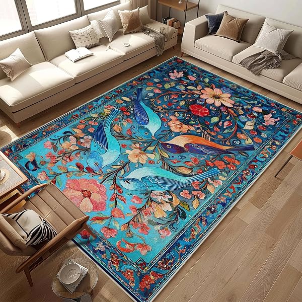 5X7 BIRD AREA RUGS BOHO BIRD FLORAL FLOWER BOTANICAL BLUE RUG FOR LIVING ROOM INDOOR SOFT NON-SLIP THIN CARPET MODERN ABSTRACT RUGS FOR DINING ROOM OFFICE BEDROOM UNDER TABLE WASHABLE MACHINE