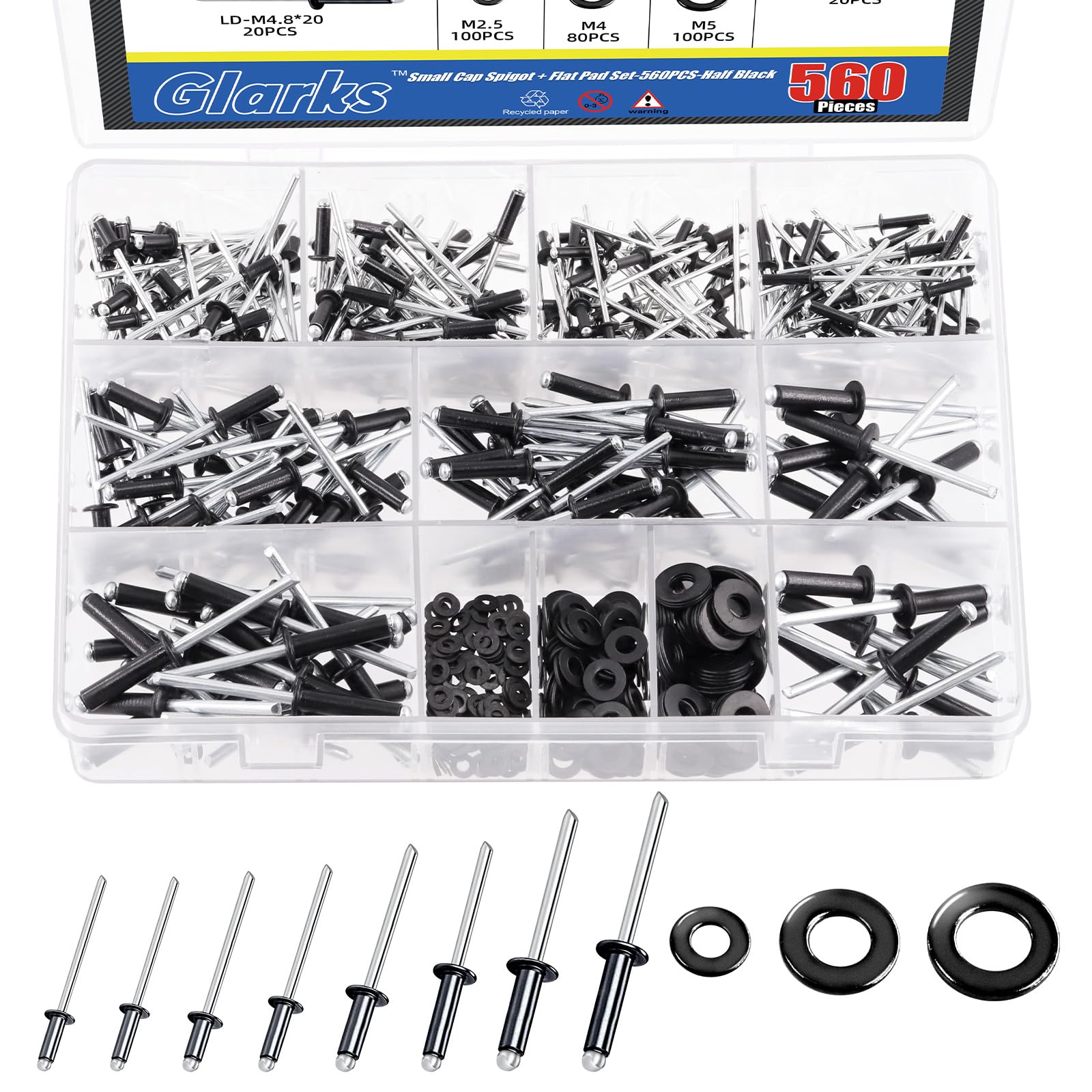 Glarks 560Pcs Black Blind Rivet Fasteners Kit, 8 Size Aluminum Pop Rivets with 3 Sizes Backup Washers Assortment Kit for Aviation Automobile Furniture Use