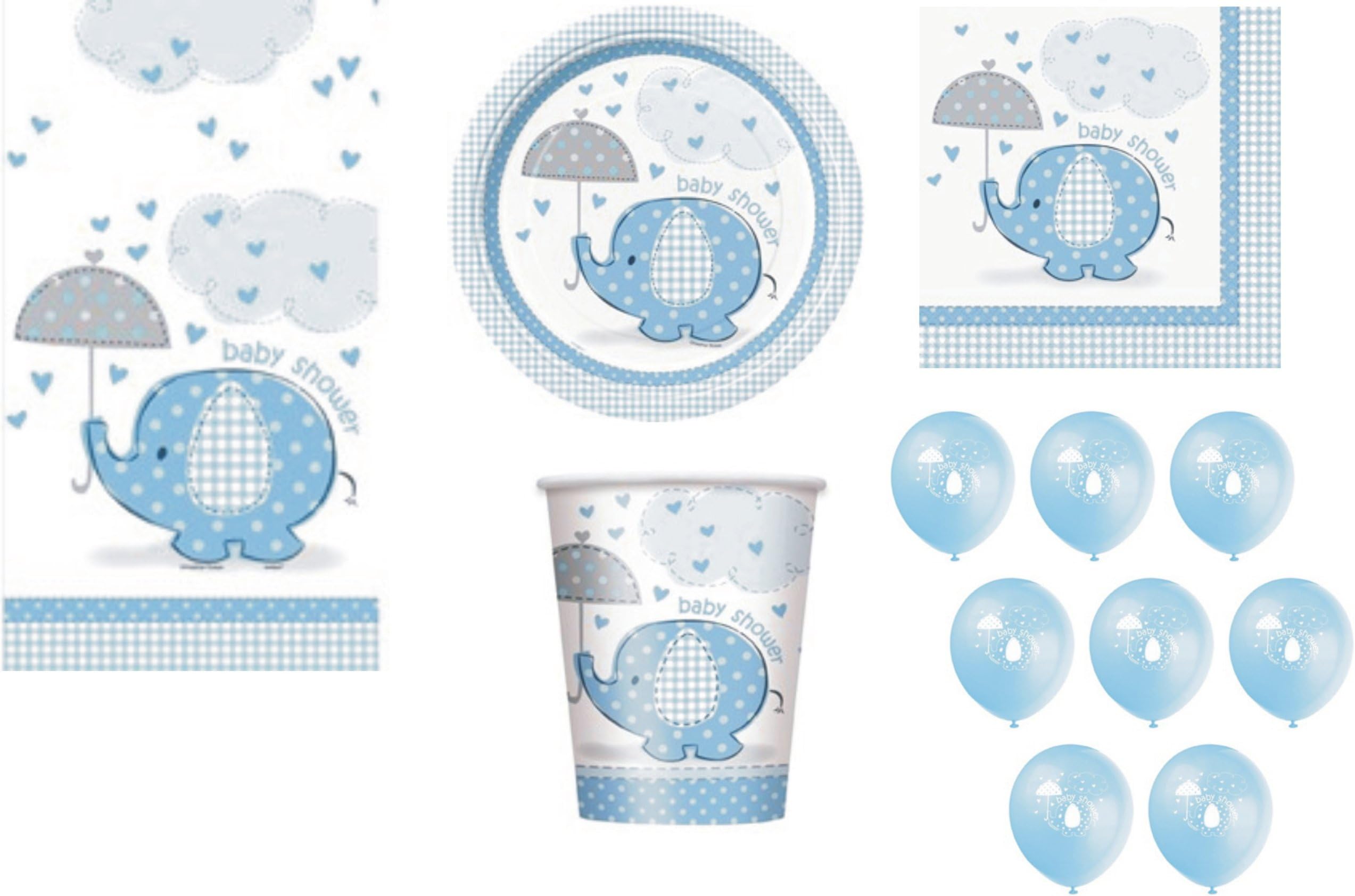 Umbrellaphants BLUE FOR BOY BABY SHOWER PARTY TABLEWARE PACK DESIGN NAPKINS PLATES CUPS TABLECOVER BALLOONS 57 ITEMS