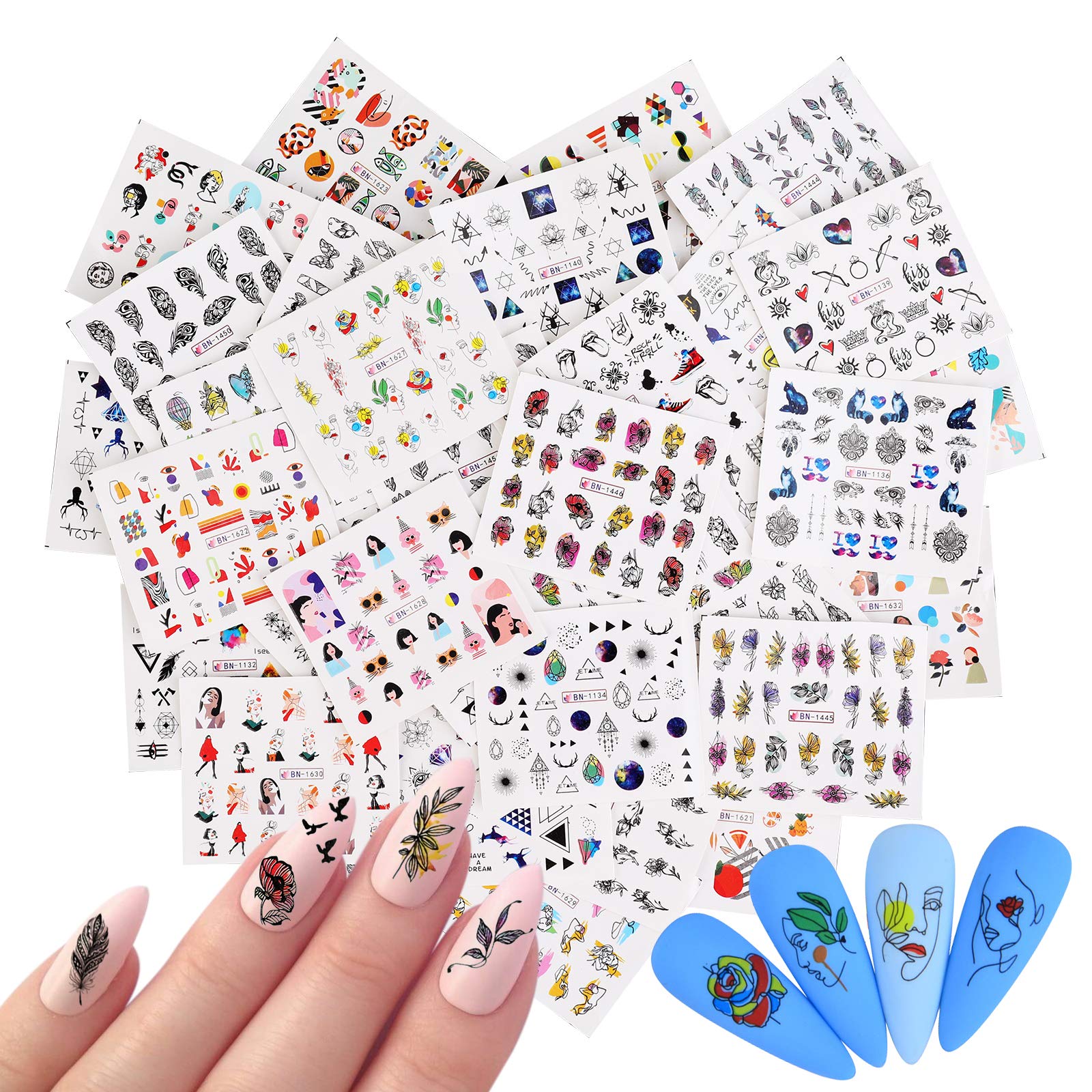 36 Sheets Water Transfer Nail Art Stickers Set with Geometry Flowers Love Heart Dreamcatcher Deer for Nail Art Decoration, DIY Nail Art Tattoo Decals Design Manicure Accessories