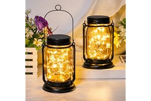 E-Kong Solar Lanterns Fairy Lights, 2 Pack Solar Mason Jar Lights, Hanging Solar Lanterns Outdoor Waterproof, Glass Jar Starry Fairy Light with 30 LEDs for Garden Patio Party Xmas Holiday (Warm White)