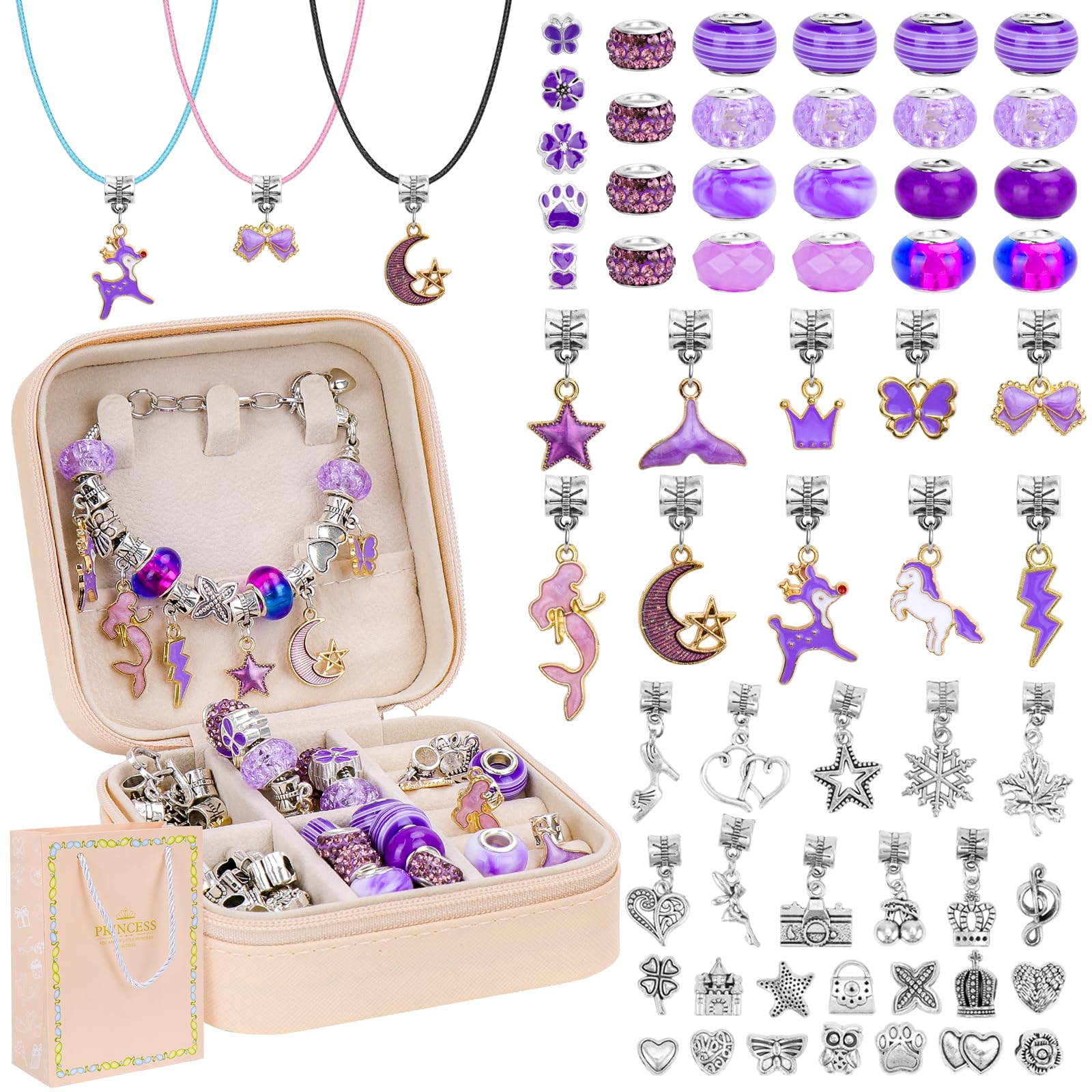 Hysagtek Charm Bracelet Making Kit, 66 Pcs DIY Beads Necklace kit Jewelry Making Charm Pendants Craft Gifts with Gift Box, Purple