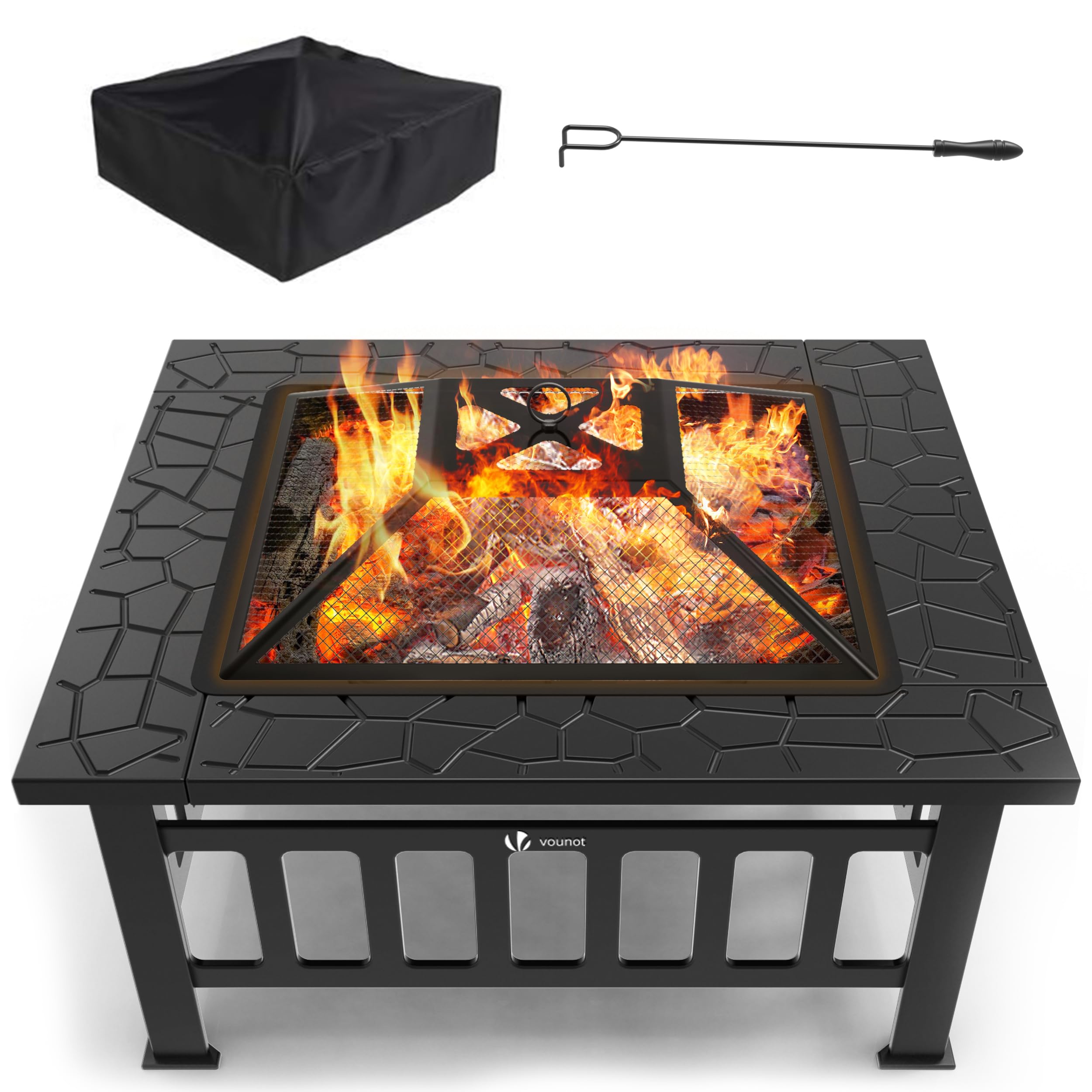 VOUNOT® Fire Pit Table with Grate Shelf, 3 in 1 Square Firepit for Heater, Ice Pit, Camping Metal Brazier for Garden Patio Outdoor, with Waterproof Cover
