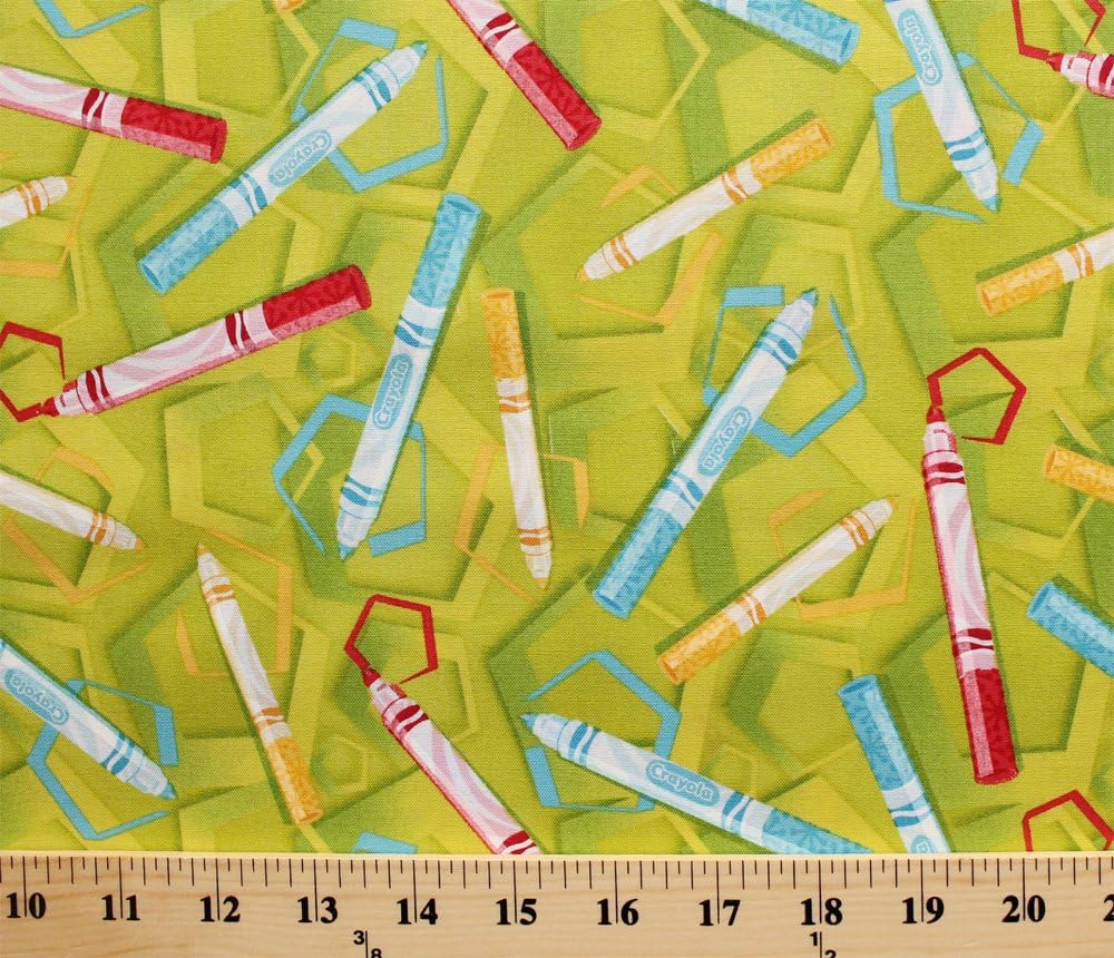 Cotton Crayola Markers Drawing Coloring Art Crafts School Supplies Shapes Pentagons Kids Children's Ready, Set, Color! Green Cotton Fabric Print by the Yard (1649-23057-h)