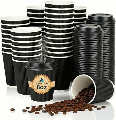Nationwide Paper 8oz Triple Wall Ripple Cups with Lids Black 50 Pack