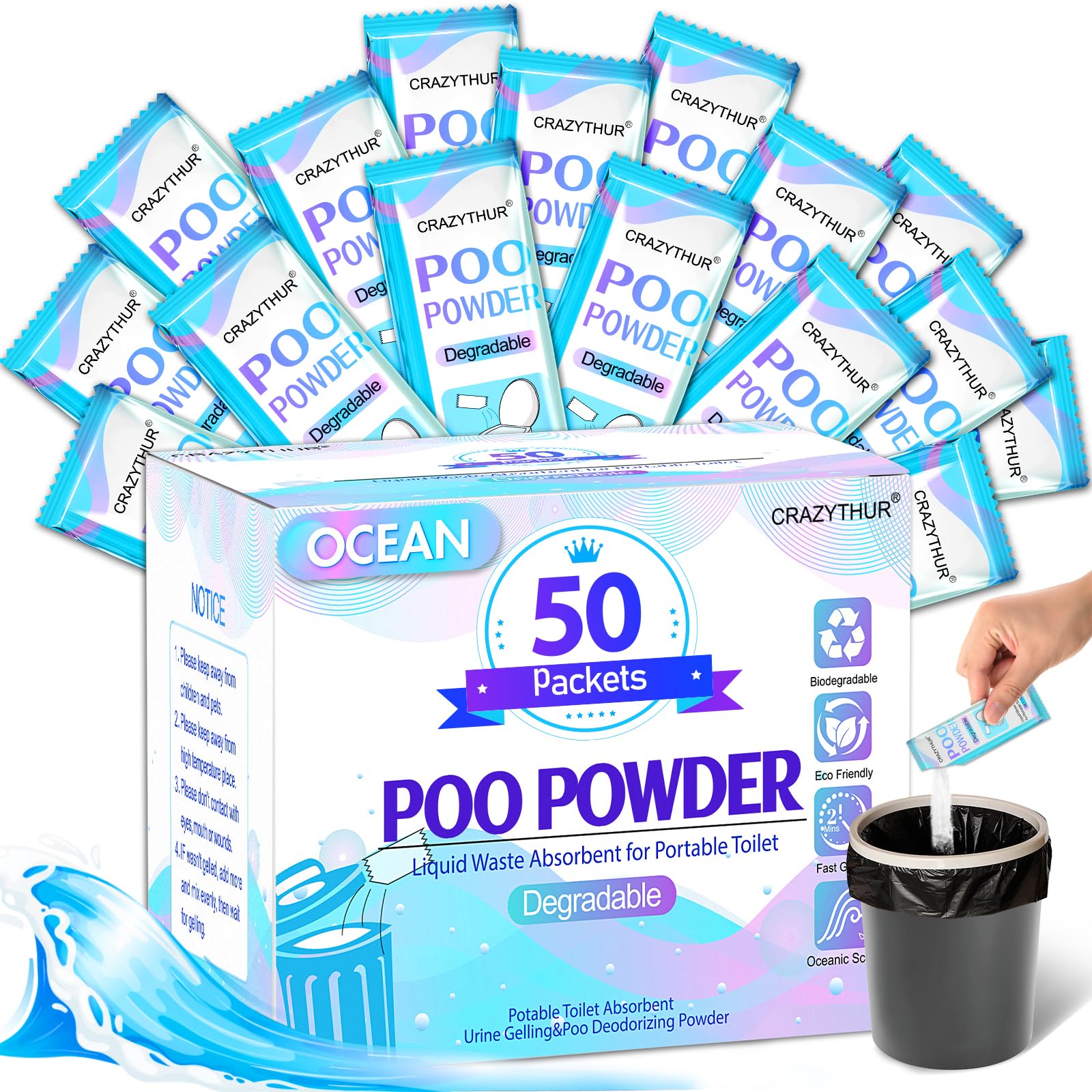 Poo Powder for Portable Toilet Gel Powder, Camping Toilet Gel 50PCS