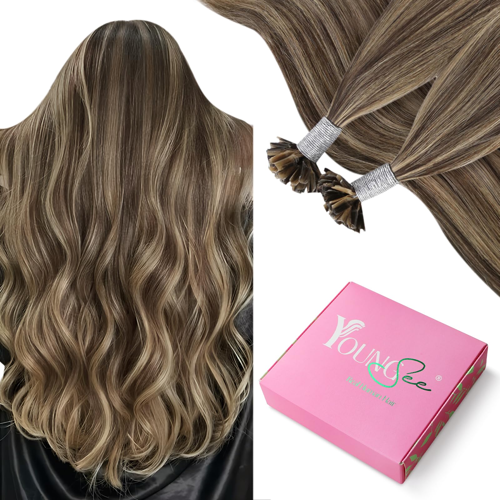 YoungSee U Tip Hair Extensions Real Human Hair Brown with Blonde Highlight K Tips Human Hair Extensions for Women 14In 1G/S 50G Short Straight Hair