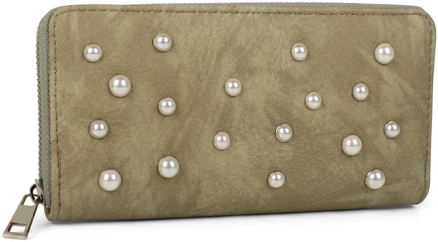 styleBREAKER Purse with Pearl-Studded Front, wrap-Around Zip, Purse, Ladies 02040092, Colour:Olive