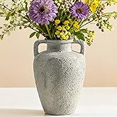 Lyeec Rustic Vase for Flowers, Ceramic Vase with Handles, 8.85 inch Tall Vintage Farmhouse Christmas Terracotta Flower Vase for Home Decor, Wide Mouth, Living Room Shelf Decor, Enterway, Table