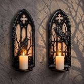 Havawish 2 pcs Gothic Wall Candle Sconces Halloween Crow Wall Mounted Candelabra Holder with Removable Tray Hook for Taper Pillar Candles Cathedral Medieval Vintage Home Decoration