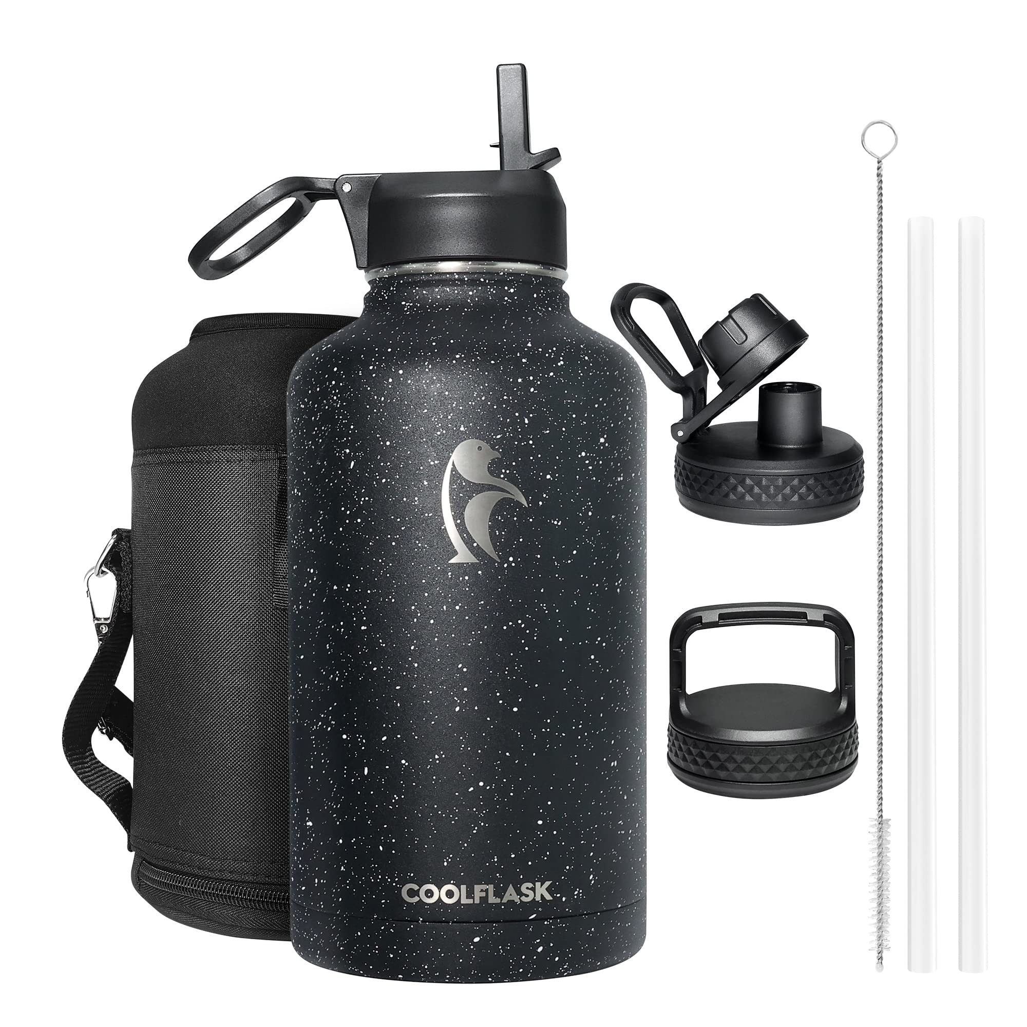 Coolflask Insulated Water Jug 1893 ml, Half Gallon Water Bottle with Straw & 3 Lids, Large Stainless Steel Vacuum Bottle for Gym, Sports and Travel, Starry Black