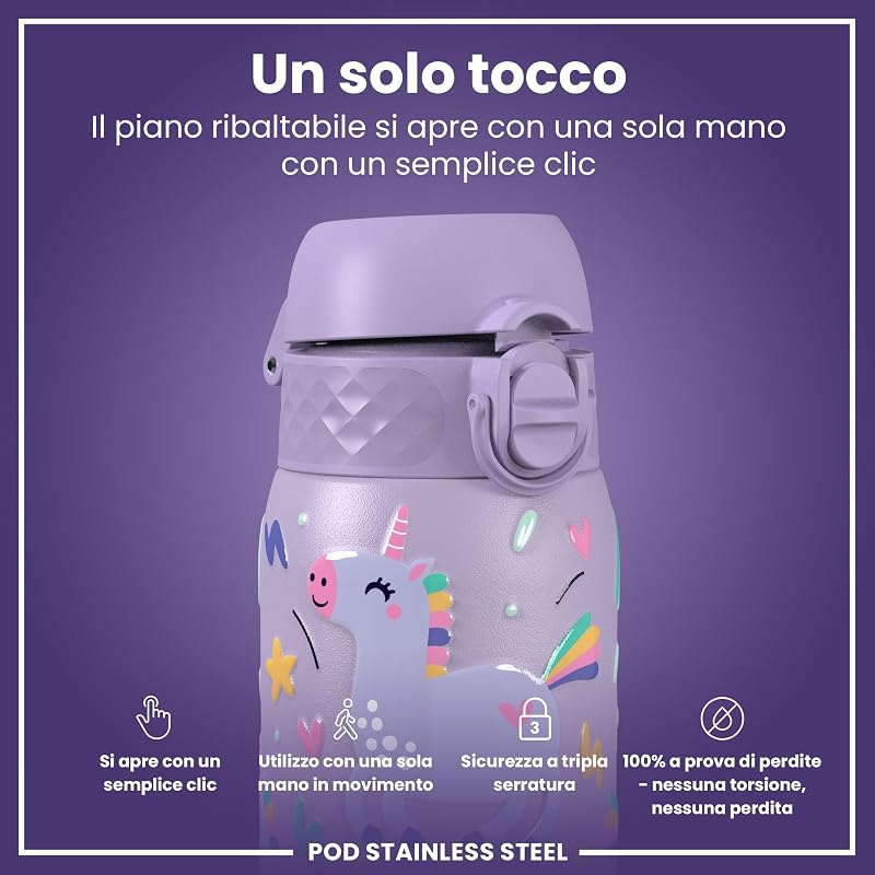 Borraccia Inox Leggero per Bambini, 400ml, Non Isolato, a Prova di Perdite, Facile da Aprire, Serratura Sicura, Lavabile in Lavastoviglie, Facile Pulizia, Durevole e Antigraffio, Unicorni Viola