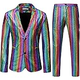 ZEROYAA Men's Metallic Shiny Suits Disco Sequin Blazer and Pants 2 Piece Sets for Party Prom