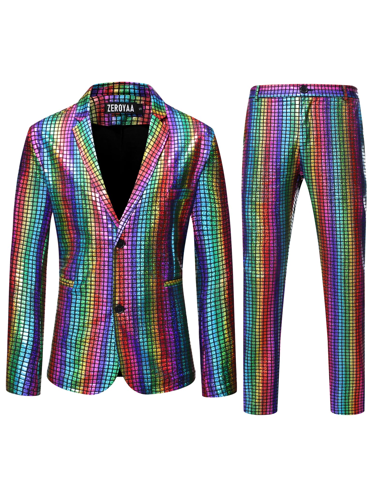 Photo 1 of ZEROYAA Men's 70s Disco Suits Metallic Shiny Sequin Outfits Blazer and Pants Set Dance Party Costume Multicolor Small