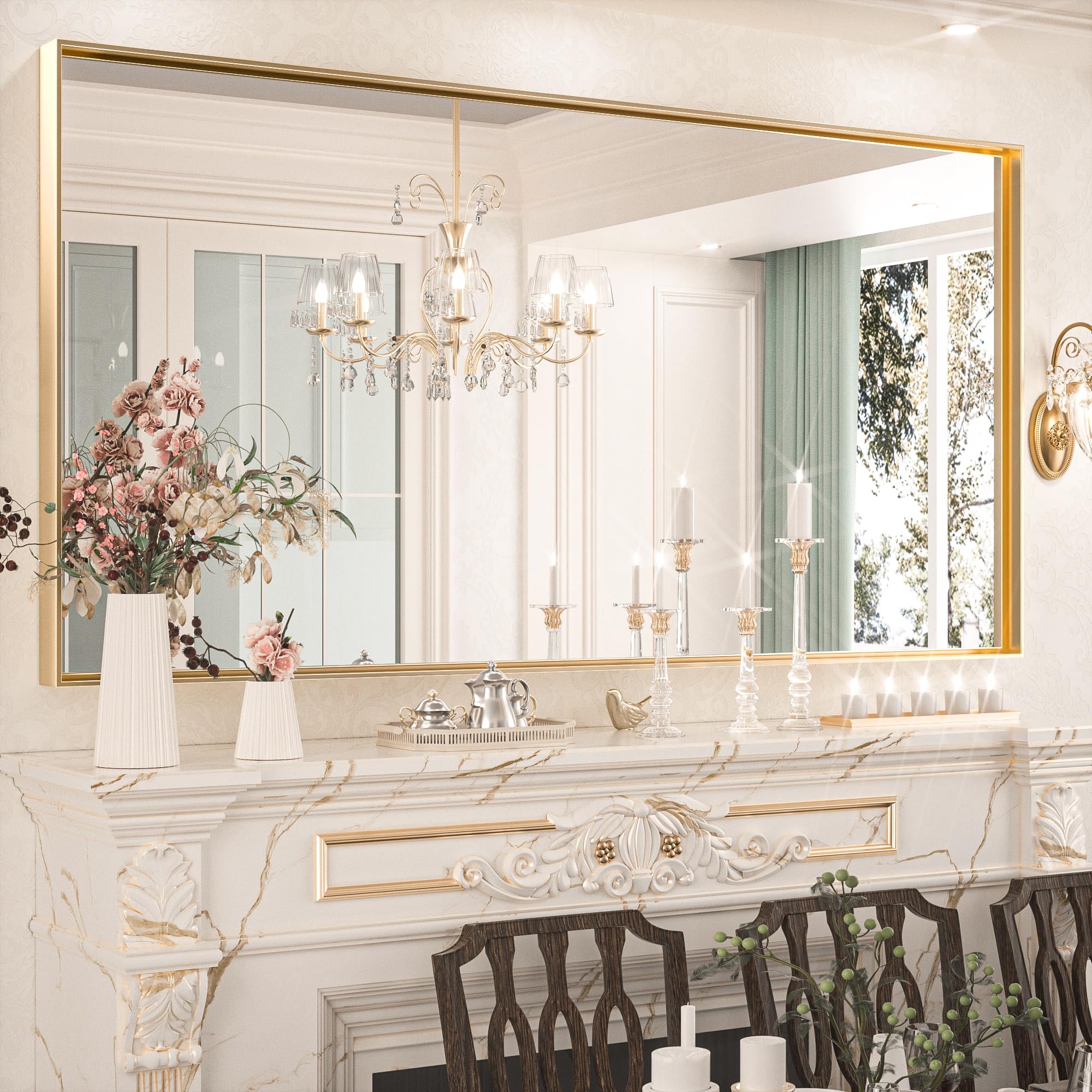 Keonjinn Gold Bathroom Mirror 72” x 36” Brushed Gold Rectangular Wall