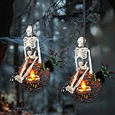 WISEgham 2 Pc Solar Halloween Hanging Ball Decor, Skull Lights Outdoor | Rust Iron Waterproof Flickering Tea Lanterns for Porch Yard Garden Tree Party Holiday Decorations