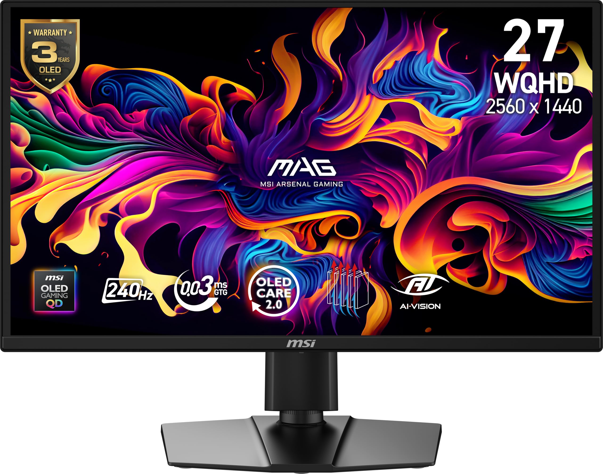 Photo 1 of msi MAG 272QP QD-OLED X24 27-inch 2560 x 1440 (QHD) Gaming Monitor, 240Hz, Adaptive-Sync, HDMI, DisplayPort, VESA Mountable, Tilt, Height Adjustable, Speaker, 0.03ms, Black