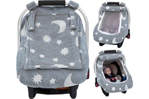 KASEEOUS Baby Car Seat Cover, Carseat Covers Baby Glow in The Dark, Fleece Plush Infant Car Seat Cover for Girls Boys, Car Seat Canopy with Peep Mesh Windows, Universal Carrier Cover for All Seasons