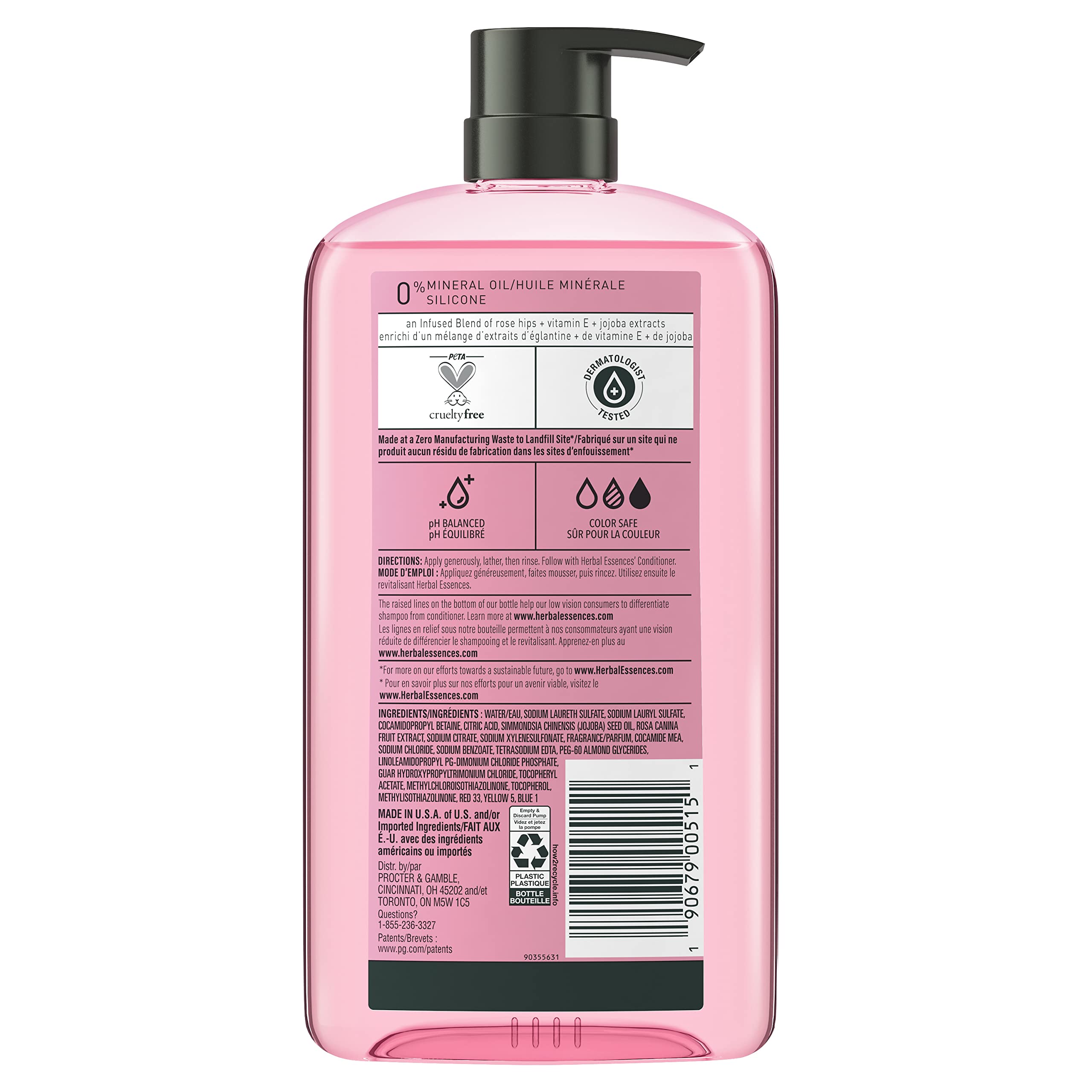 Herbal Essences Rose Hips Shampoo - Smooth, Shiny Hair with Vitamin E & Jojoba, Safe for Color Treated Hair, Floral Scent, Cruelty-Free, Dermatologist-Tested, 29.2 Fl Oz