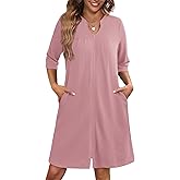 Ekouaer Zipper Robes for Women 3/4 Sleeve Waffle Knit Bathrobe Lightweight Short Housecoat with Pockets Soft Loungewear