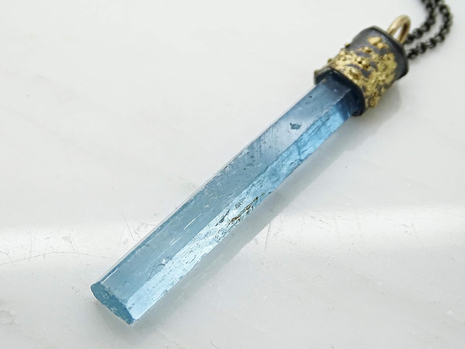 long aquamarine necklace, black silver pendant aquamarine