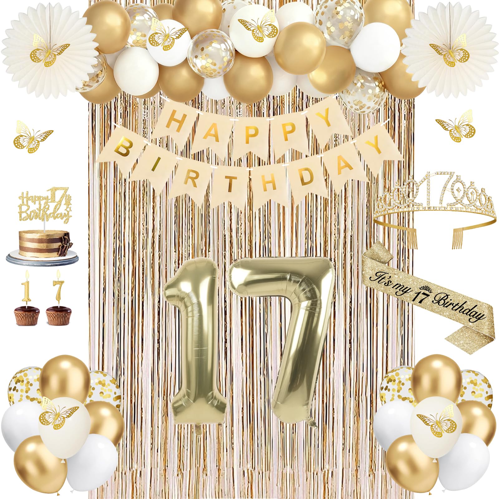 Photo 1 of 17th Birthday Decorations for Girls, Champagne Gold Happy 17 Year Old Gifts for Girls, 17 Sash and Crown, Banner, Fringe Curtains, Hanging Paper Fans, 17th Birthday Party Decorations