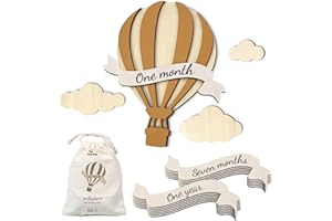 CHIPCHIP Baby Monthly Milestone Wooden Circles, Hello World Newborn Sign, Month Baby Milestone Signs for Newborn Photoshoot, Hot Air Balloon Edition Baby Monthly Milestone Wood Discs for Unisex Baby Boy & Girl
