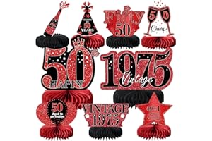 MOORAY 9Pcs 50th Birthday Decorations Red and Black 50th Birthday Party Decorations for Women,Happy 50 Years Birthday Vintage 1975 Aged Honeycomb Centerpieces Table Sign Decor Supplies