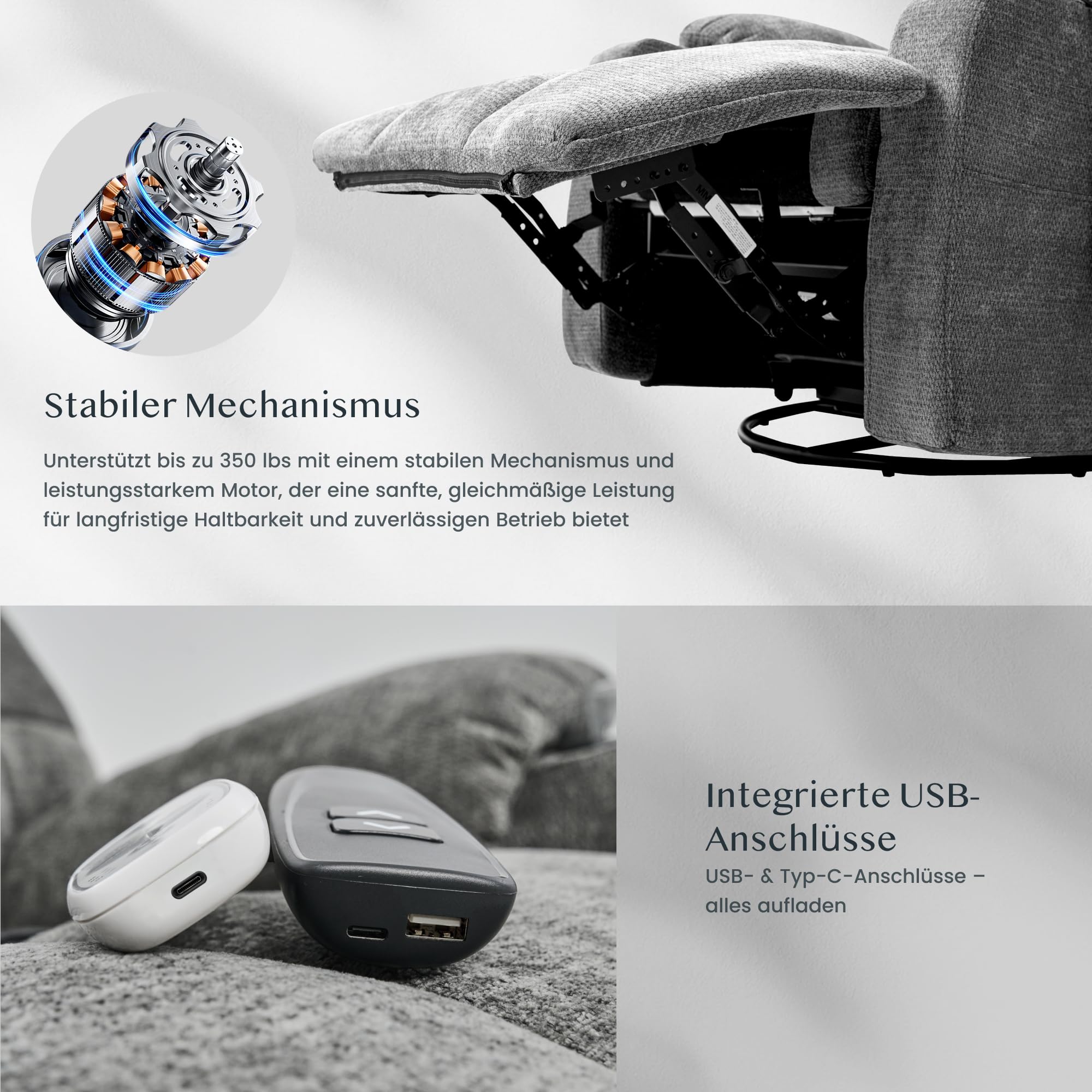 FLEXISPOT Elektrischer Relaxsessel, Massagesessel, Fernsehsessel, 360°drehbar, mit Heizfunktion, 8-Punkt-Massage, USB- und Type-C-Anschluss,105°-165° verstellbar, belastbar bis 200 kg, XR7(Grau) 7