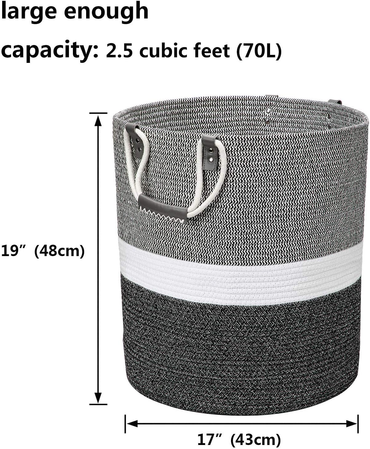 17x17x19 Inches Large Cotton Rope Basket, Storage Basket, Woven Laundry Hamper, Toy Storage Bin, Nursery Storage Basket, Baby Bin Organizer, White & Black: Home & Kitchen