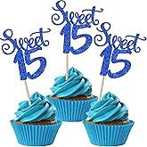 36 PCS Sweet 15 Cupcake Toppers Glitter Fifteen 15th Birthday Cupcake Picks Number 15 Cake Decorations for Happy 15th Birthday Anniversary Party Supplies Deep Blue