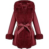 RISISSIDA Luxurious Women Winter Fur Lined Coat, Leather Jacket with Hooded Long Fur Collar, Thick Warm Heavy Overcoat Belted