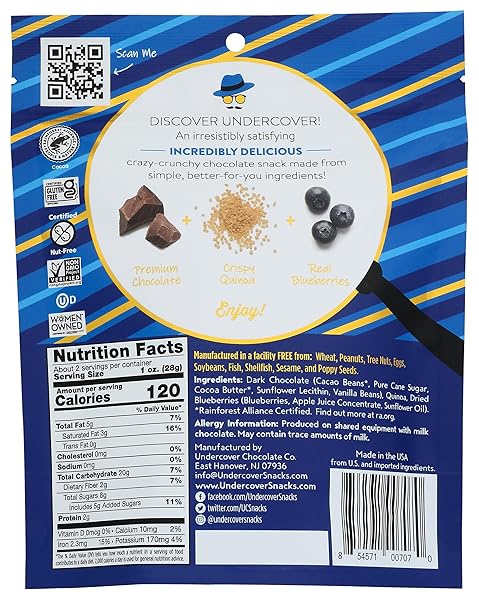 UNDERCOVER CHOCOLATE CO DARK CHOCOLATE + BLUEBERRIES CRISPY QUINOA SNACK, 2 OZ