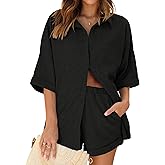 Ekouaer Waffle Knit Lounge Sets for Women Short Sleeve Pajamas Button Down Pjs Oversized Loungewear Shorts Set