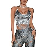 SweatyRocks Women's Draped Sequin Low Cut Halter Crop Tops Backless Going Out Club Top