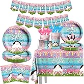 Easter Party Supplies-Happy Easter Tableware,142pcs Easter Plates and Napkins Bunny Plates Easter Tablecloth for Colorful Spring Easter Party (Tableware)