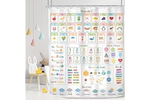 MESHELLY Kids Alphabet ABC Shower Curtain 60Wx72H Educational Funny Cartoon Cute Number Shape Baby Nursery Bathroom Curtain Colorful Bath Curtain Cloth Fabric Bathroom Accessories Decor with 12 Hooks