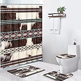 Bribay 4 Piece Shower Curtain Set, Aztec Vintage Animal Waterproof Bathroom Set Accessories with Non-Slip Rugs, Toilet Lid Cover Bath Mat and 12 Hooks, Cowhide Cow Print Fur Home Decor 72