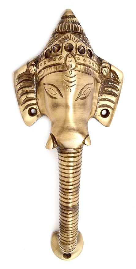 Two Moustaches Brass Crown Ganesha Door Handle 8 Inches