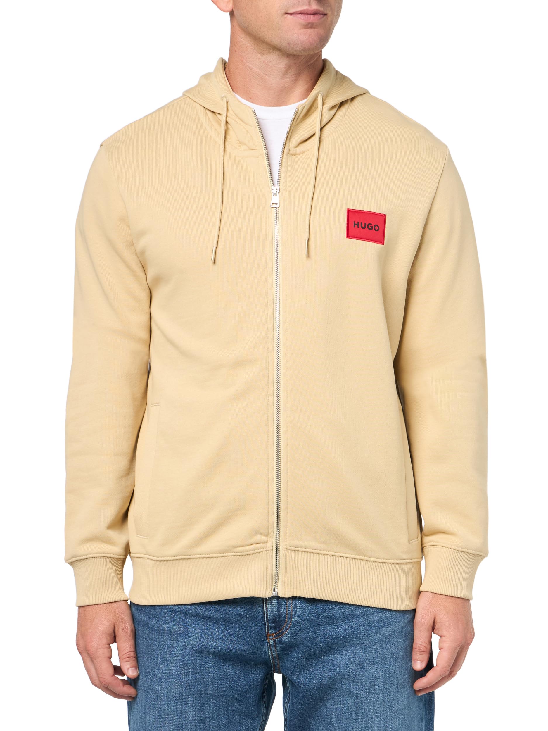 HUGO, Regular Fit Square Logo Jersey Hooded Zip Up Sweatshirt, Mojave dessert, L