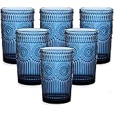 ZMOWIPDL Vintage Glassware Drinking Glasses Set of 6,13 oz Blue Textured Flower Design Glass Water Tumblers,Embossed Striped Drinkware for Water,Cocktails,Juice,Iced Coffee