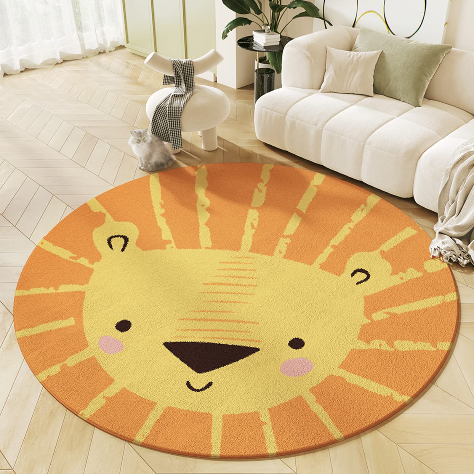 KiKom Cartoon Lion Round Carpet Living Room Rug - Non-Slip, 1PC (Orange, 100 * 100cm)