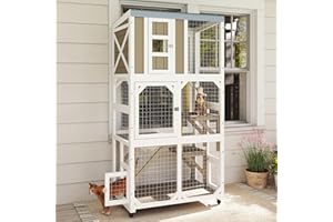 Ketive 64" Large Wooden Catio Outdoor Cat Enclosure, Window Cat House with Wheels & 3 Platforms, Kitty Cage with Weatherproof Roof for Multiple Cats (Gray)